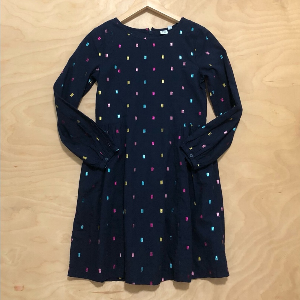 GAP Kids Metallic Dot Dress Navy Blue Long Sleeve Cotton Girls XL.